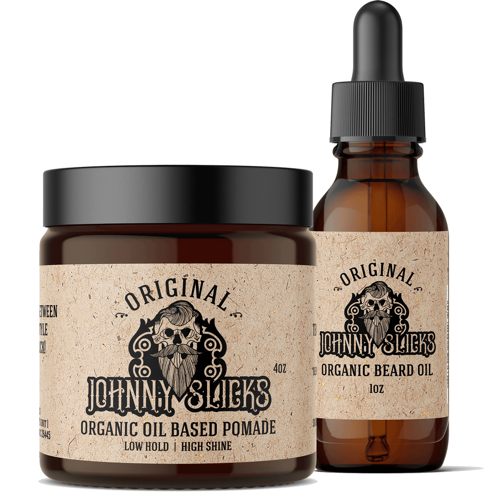 Johnny Slicks beard grooming kit featuring 4oz organic oil-based pomade and 1oz organic beard oil bottle.