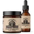 Johnny Slicks beard grooming kit featuring 4oz organic oil-based pomade and 1oz organic beard oil bottle.