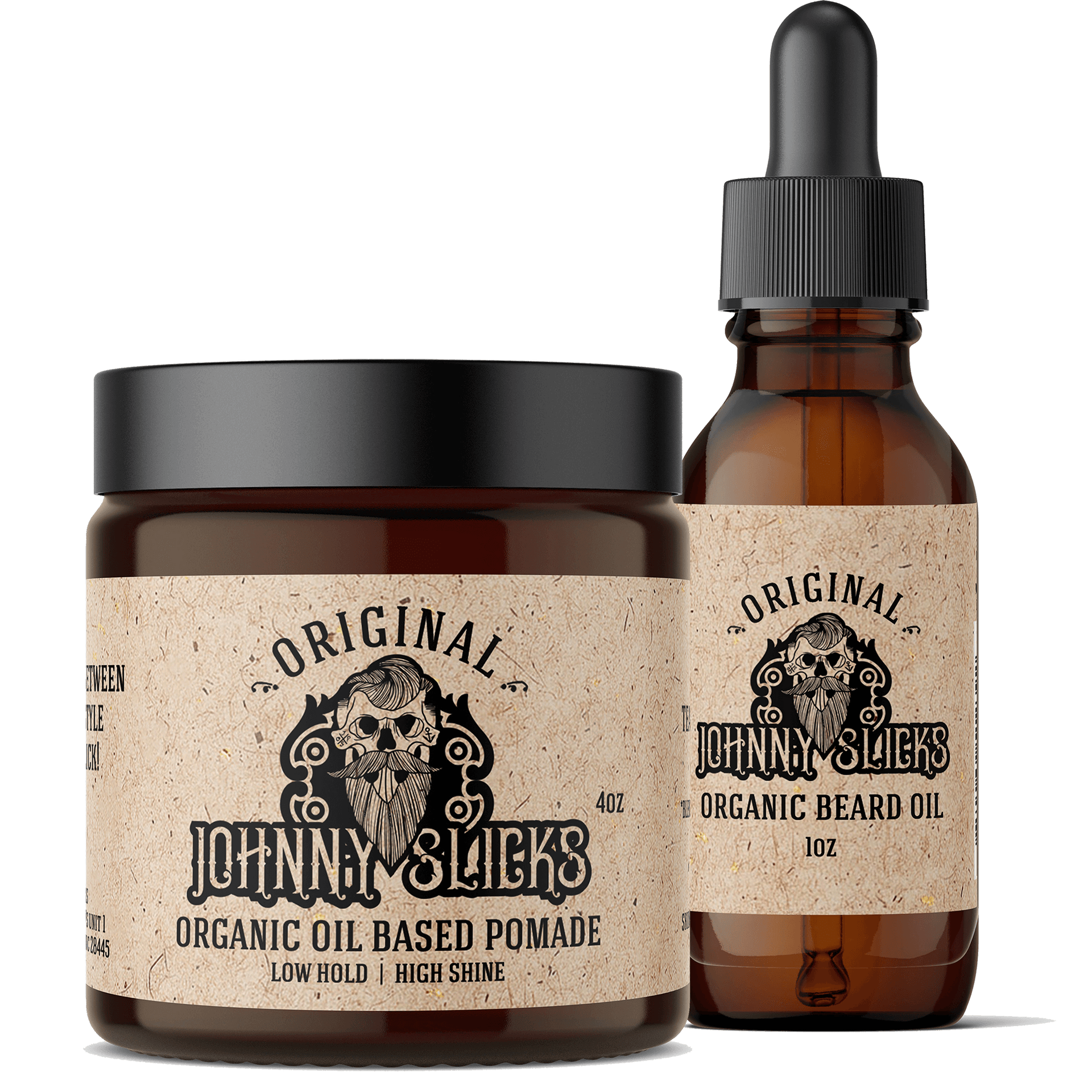 Johnny Slicks beard grooming kit featuring 4oz organic oil-based pomade and 1oz organic beard oil bottle.