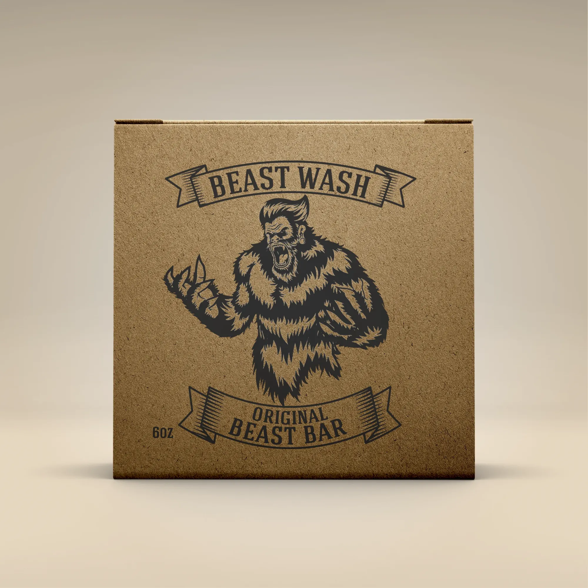 A 6oz brown paper packaging of Beast Bar natural body wash soap with an illustration of a beast.