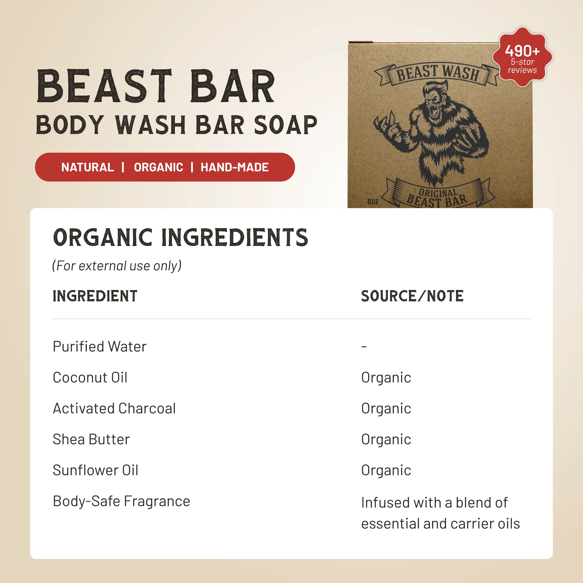 Beast Bar Natural Organic Body Wash Soap 6oz Bar - Image 2