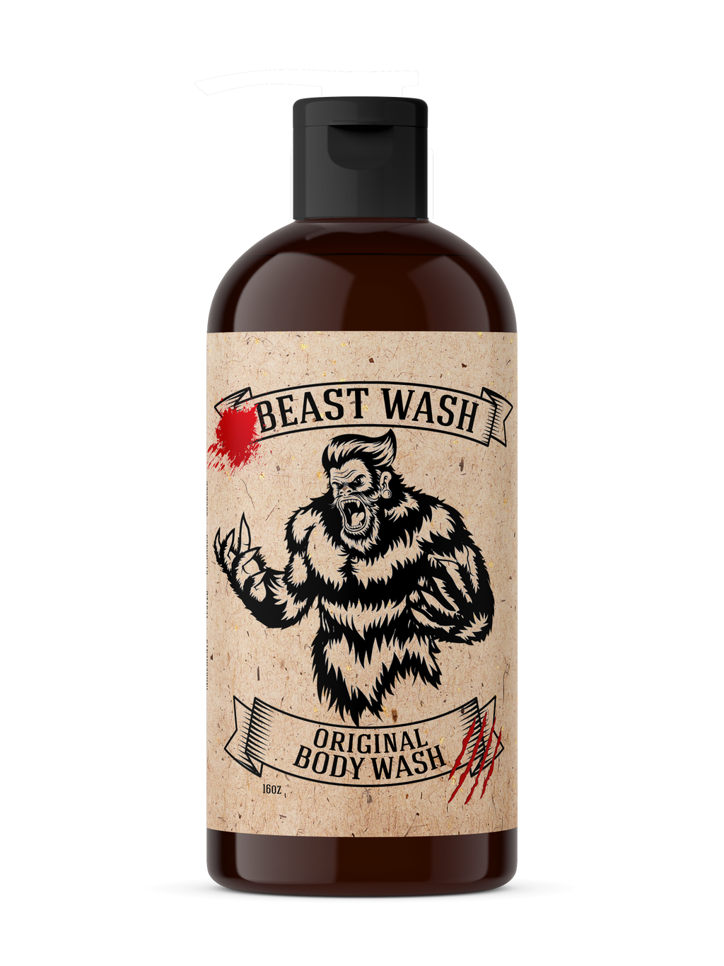 Johnny Slicks 16oz Beast Wash bottle featuring a sasquatch graphic and pump dispenser.