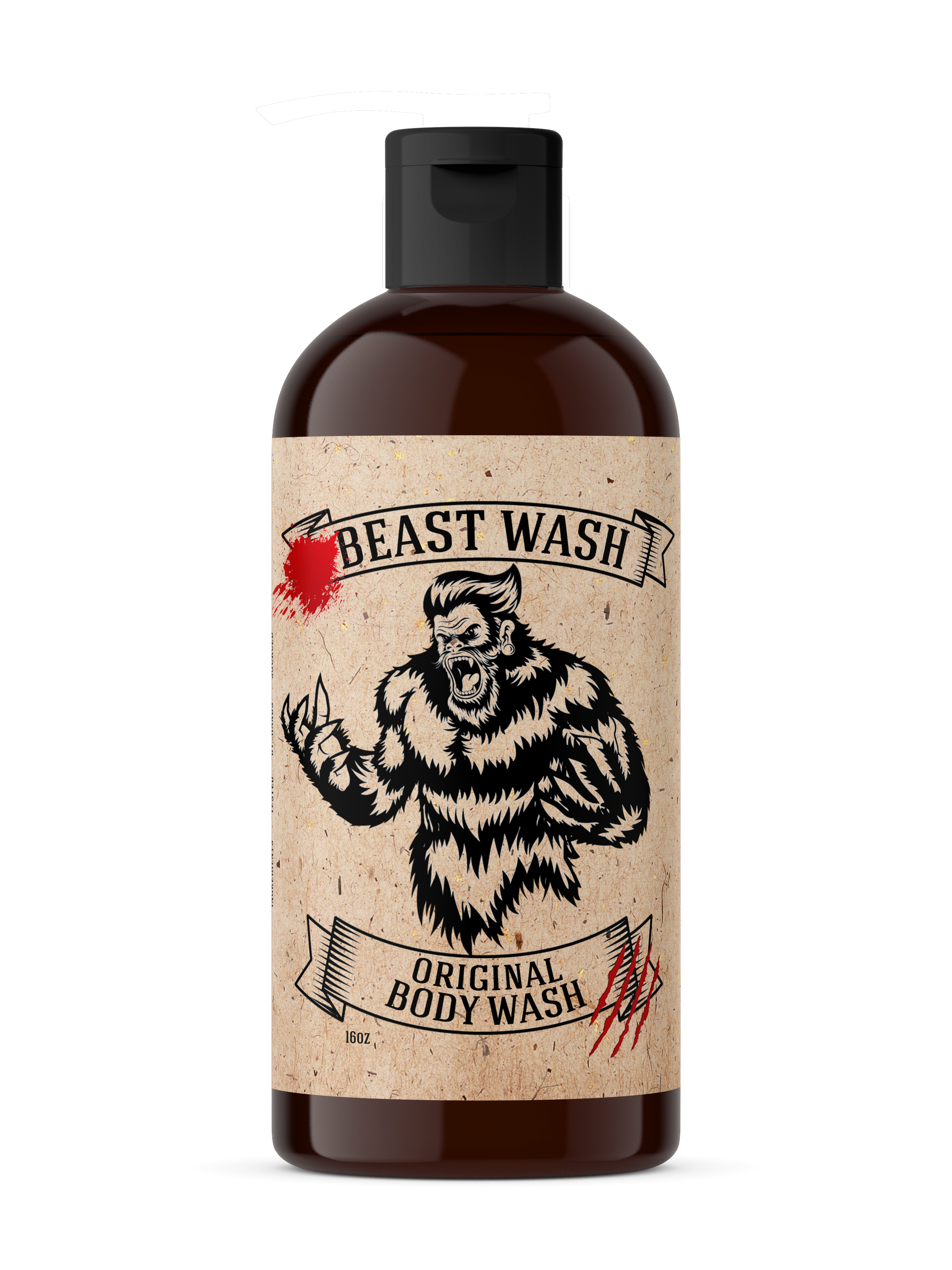 Johnny Slicks 16oz Beast Wash bottle featuring a sasquatch graphic and pump dispenser.