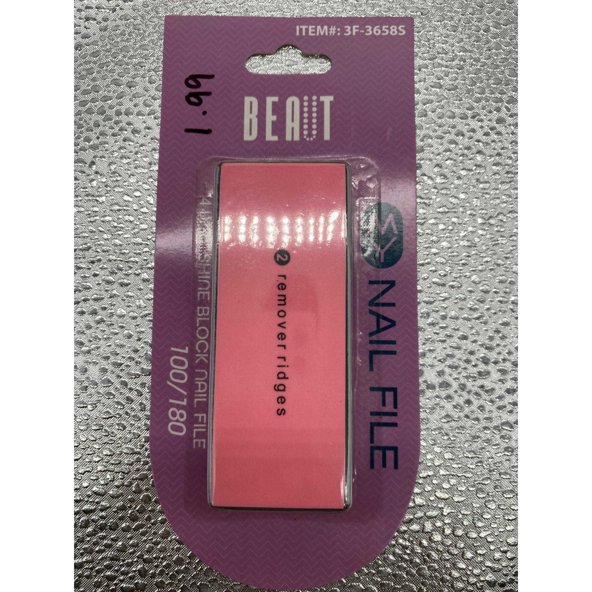A pink and purple Beaut 4-Way Shine Block nail file with 100/180 grit texture.
