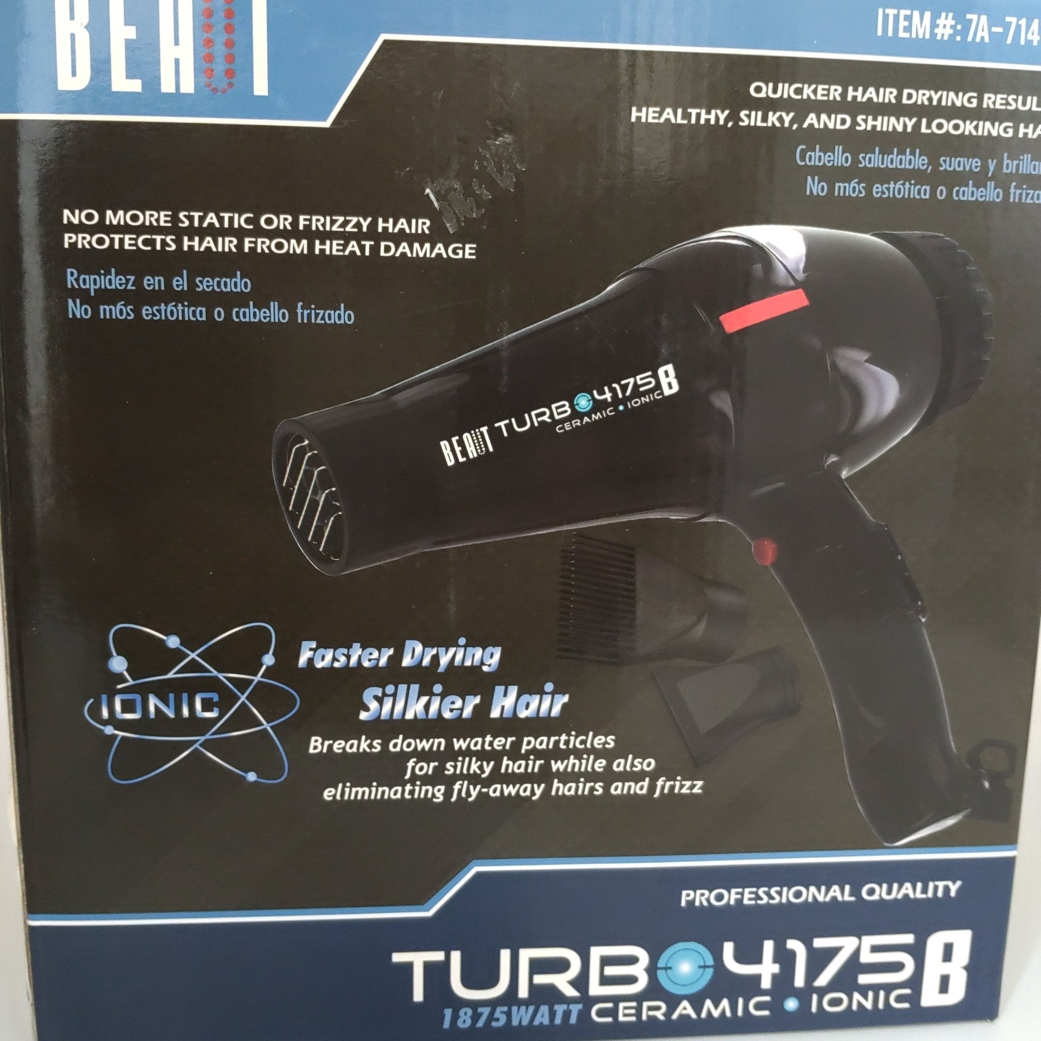 Beaut 7 Turbo 4175 Ceramic Ionic Hair Dryer in black with blue and white accents.