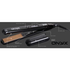 Beaut Allure Onyx Nanosilk 1-inch flat iron with sleek black body and gold heating plates on a modern bathroom counter.