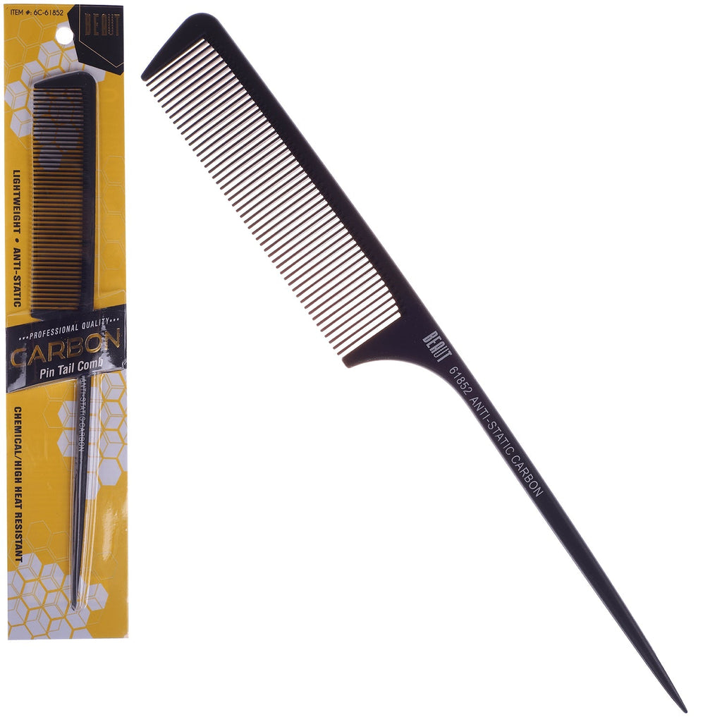 A professional matte black carbon pin tail comb used for hair sectioning and styling.