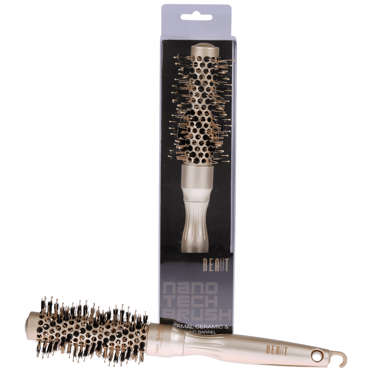 Professional 53mm round ceramic hair brush with black and metallic gold finish