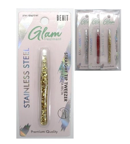 Glam stainless steel straight tip tweezer in metallic gold, silver, and red finish