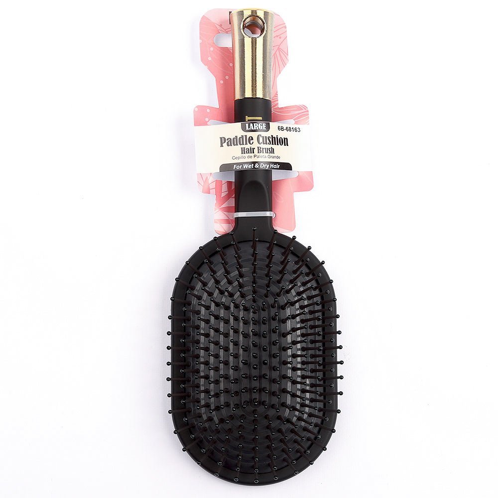 Large paddle cushion hair brush in matte black with gold accents for wet and dry hair styling