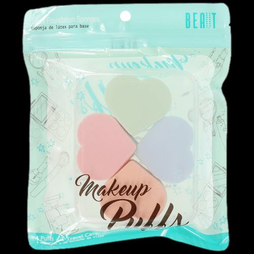 Set of 4 pastel-colored makeup sponges in mint, pink, lavender, and peach with a clear travel case.