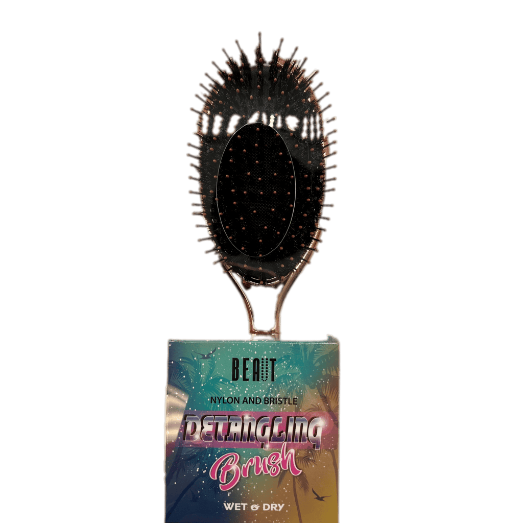 Modern nylon and bristle detangling brush available in black and rose-gold finishes