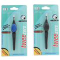 Close-up of professional stainless steel slanted tip tweezers in teal, black, and blue colors.