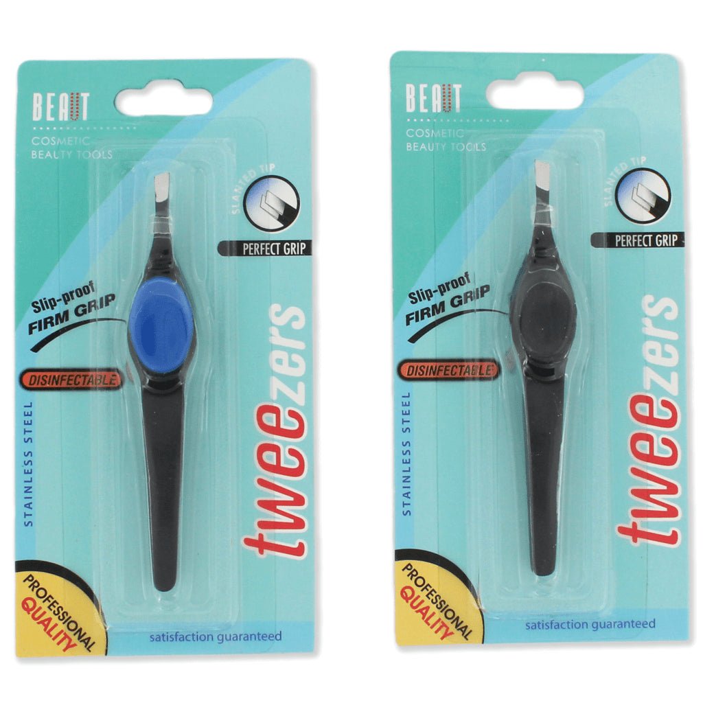 Close-up of professional stainless steel slanted tip tweezers in teal, black, and blue colors.