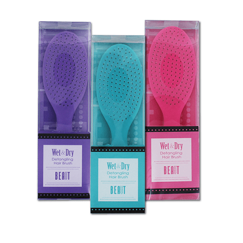 BEAUT wet and dry detangling hair brush in purple, teal, and pink