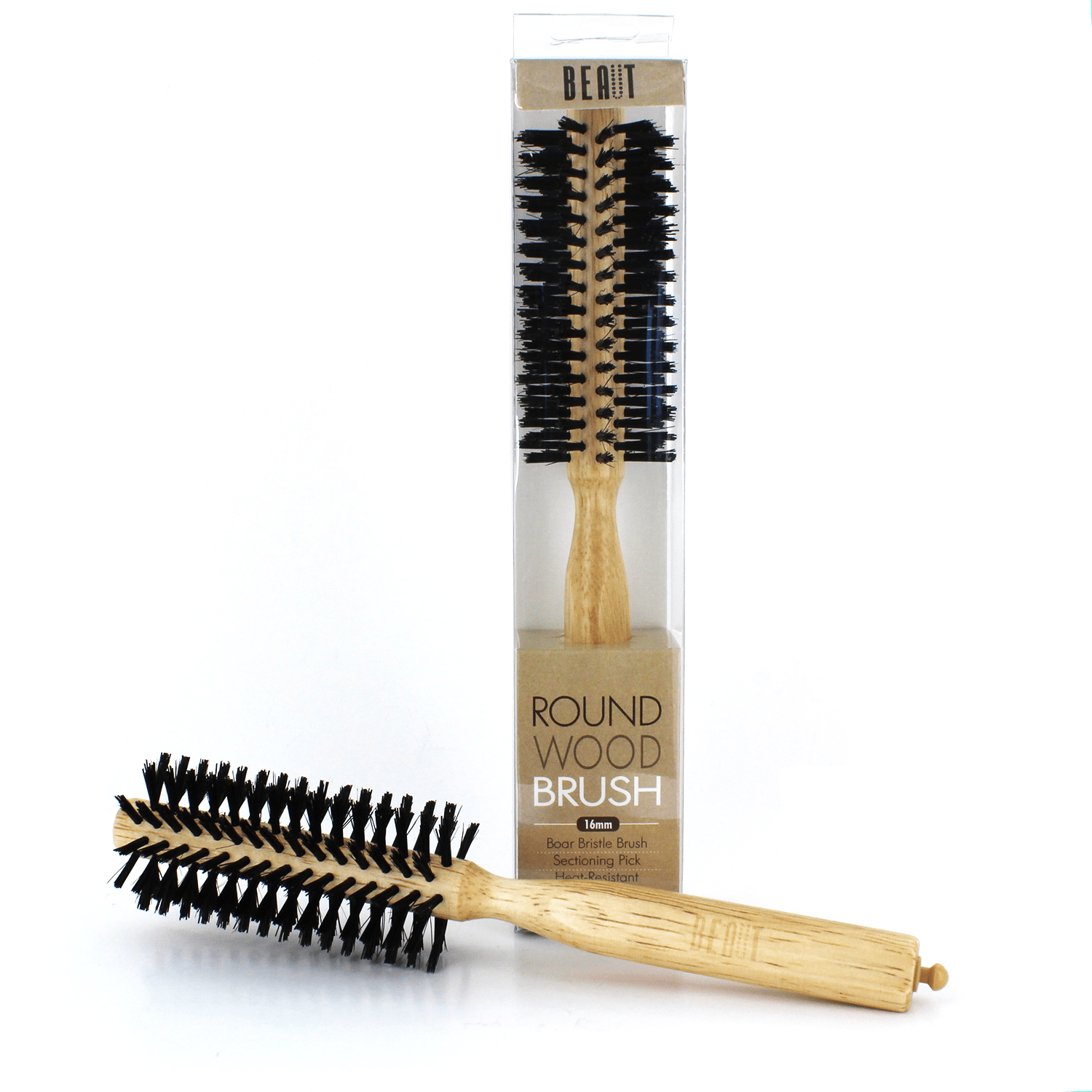 High-quality natural wood round brush for hair styling and smoothing
