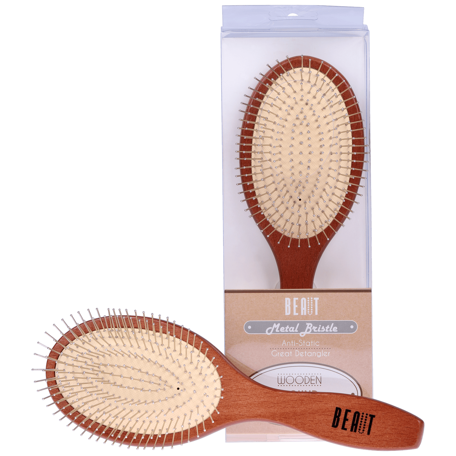 A minimalist wooden paddle brush with beige cushion and metal bristles on a neutral surface