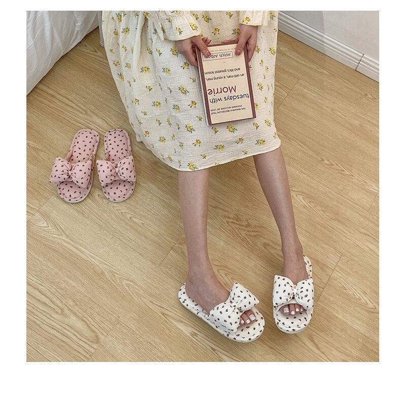Cottagecore Bow Flat Cotton House Slippers in White and Pink