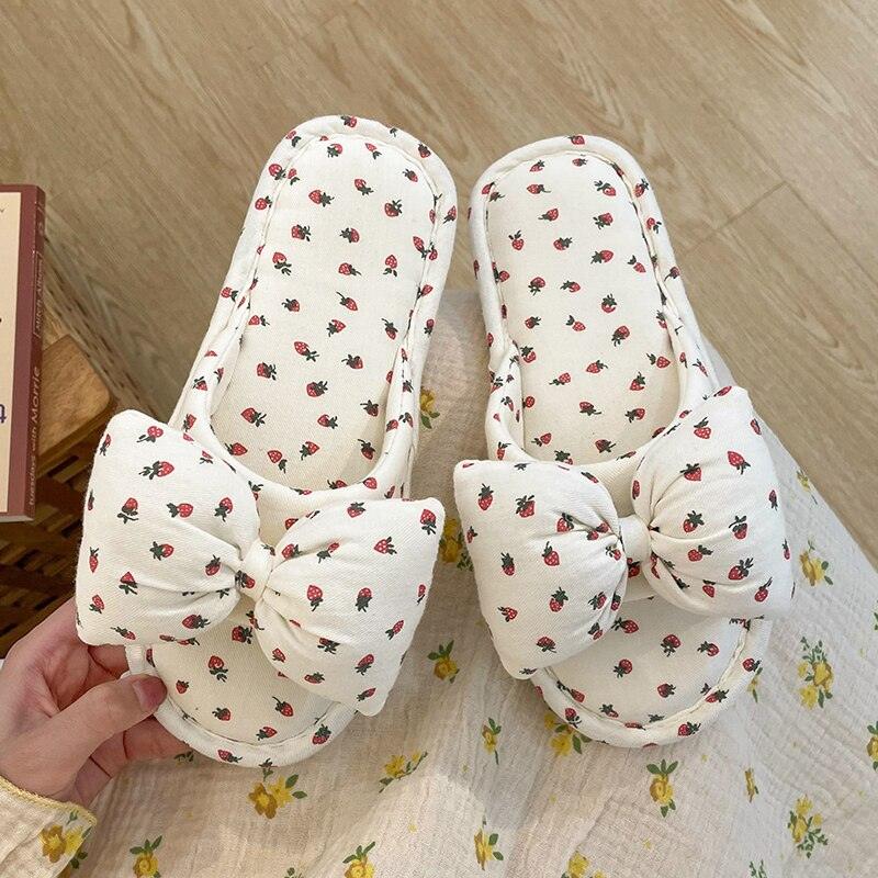 Cottagecore Bow Flat Cotton House Slippers in White and Pink