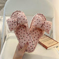Cottagecore Bow Flat Cotton House Slippers in White and Pink