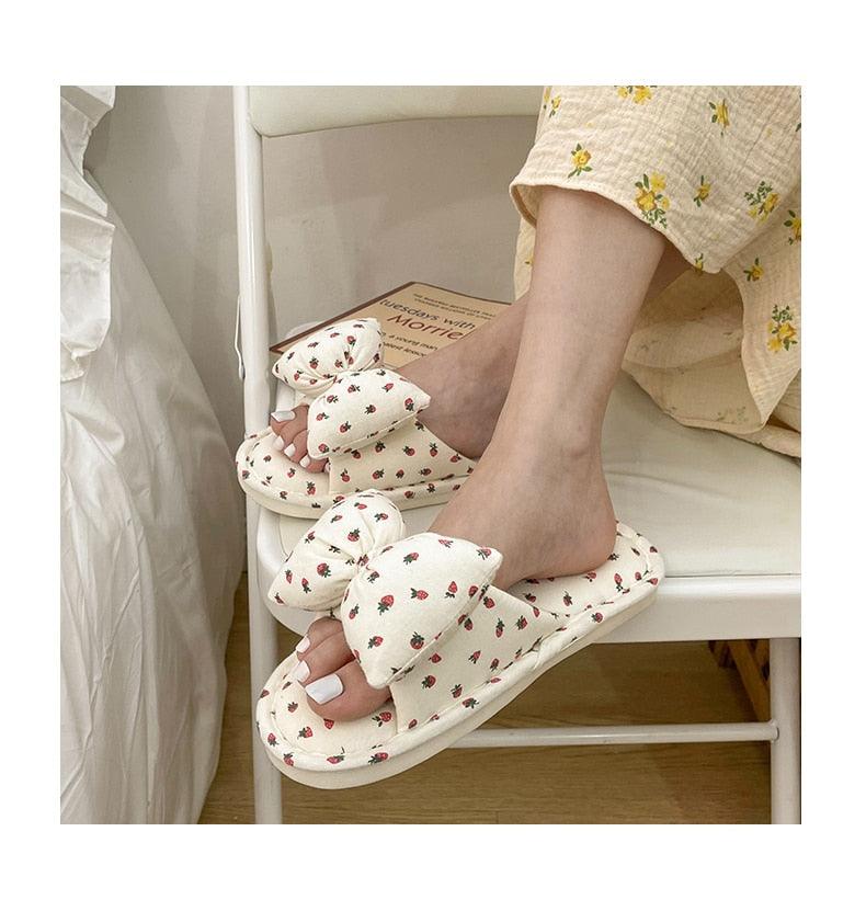 Cottagecore Bow Flat Cotton House Slippers in White and Pink