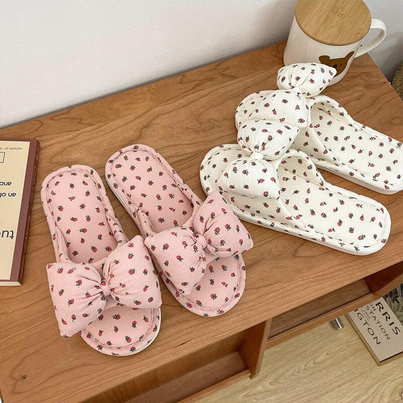 Cottagecore Bow Flat Cotton House Slippers in White and Pink