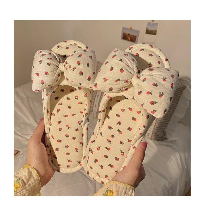 Cottagecore Bow Flat Cotton House Slippers in White and Pink