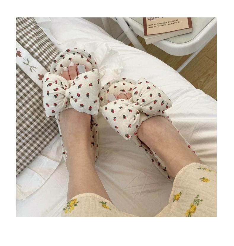 Cottagecore Bow Flat Cotton House Slippers in White and Pink