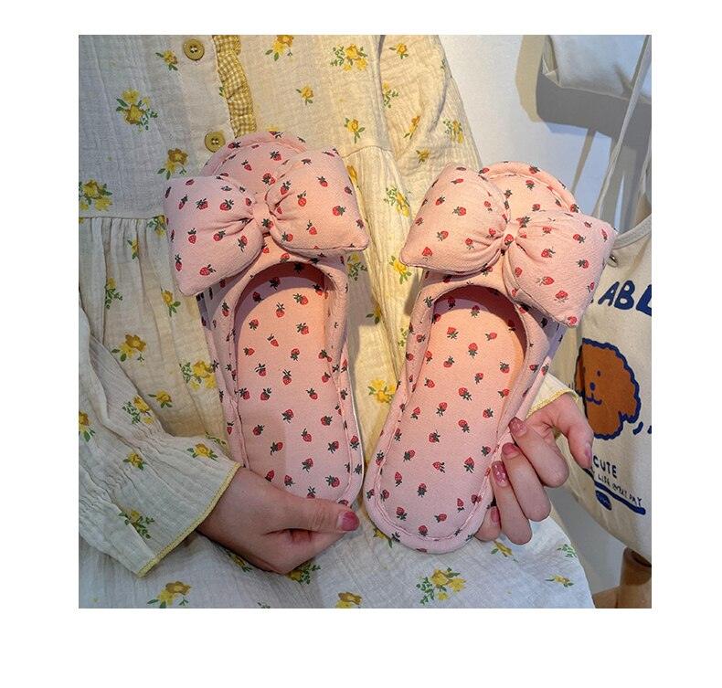 Cottagecore Bow Flat Cotton House Slippers in White and Pink