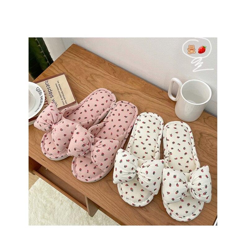 Cottagecore Bow Flat Cotton House Slippers in White and Pink