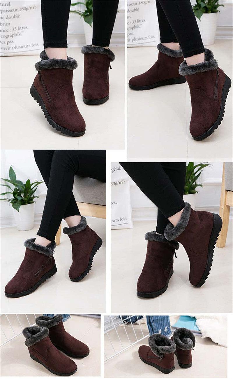Red Waterproof Winter Ankle Boots - Fleece-Lined Platform Snow Boots