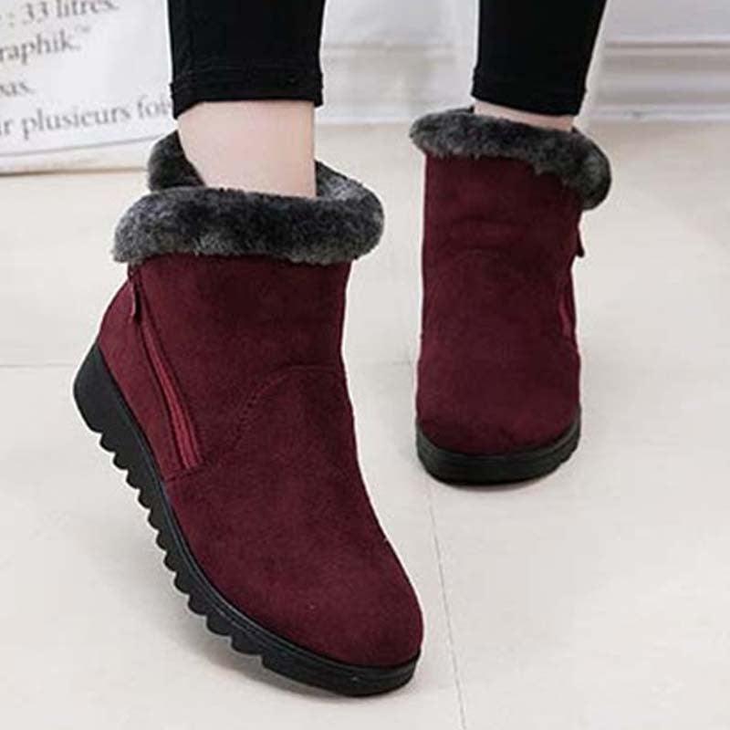 Red Waterproof Winter Ankle Boots - Fleece-Lined Platform Snow Boots