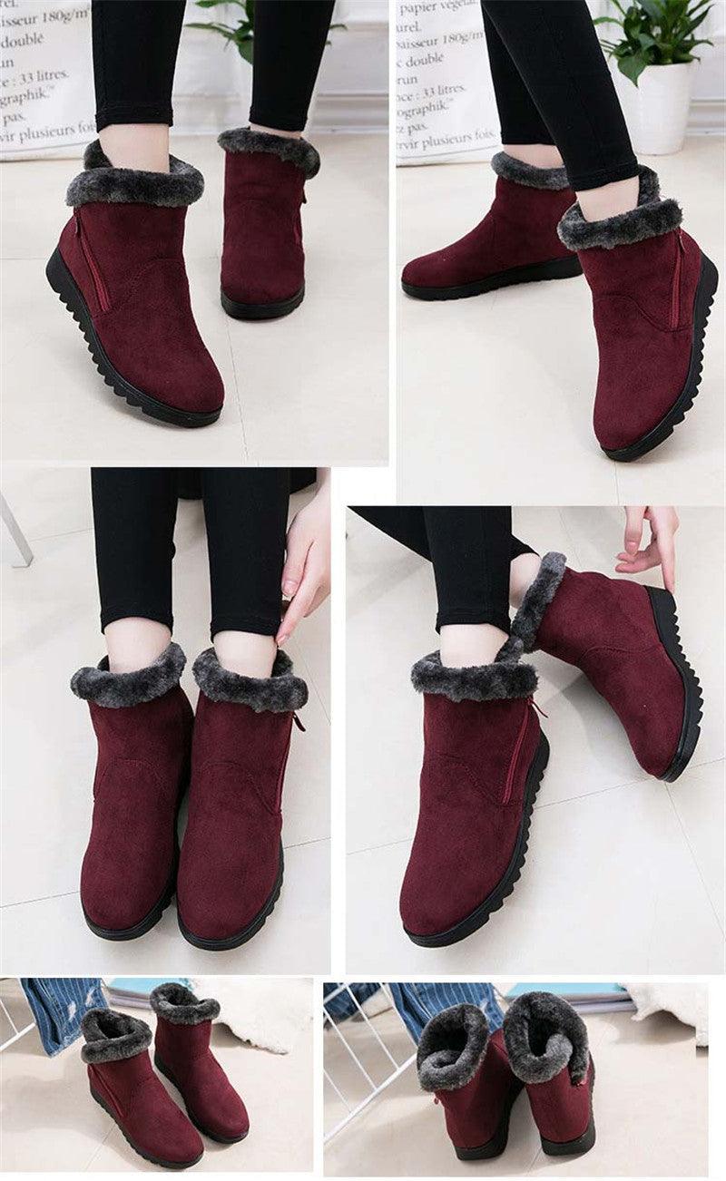 Red Waterproof Winter Ankle Boots - Fleece-Lined Platform Snow Boots