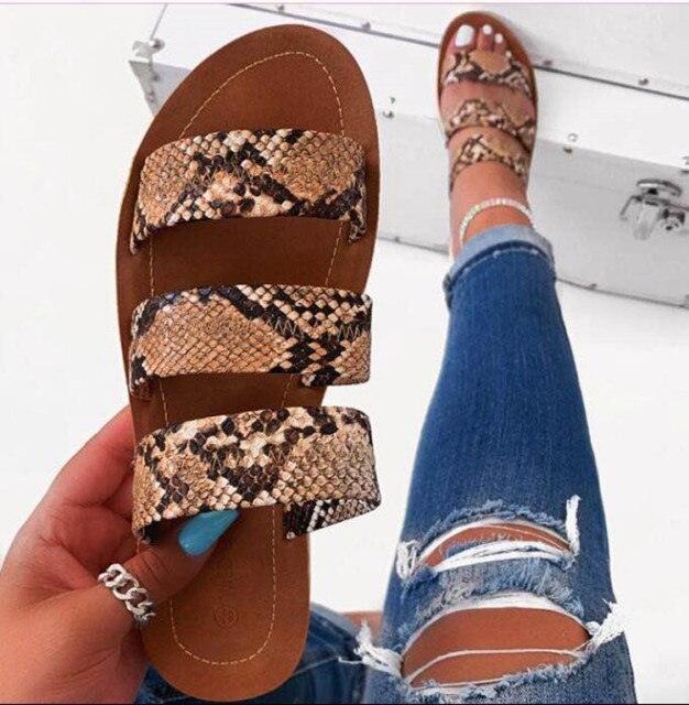 Women’s Snake Print Three-Strap Flat Slide Sandals