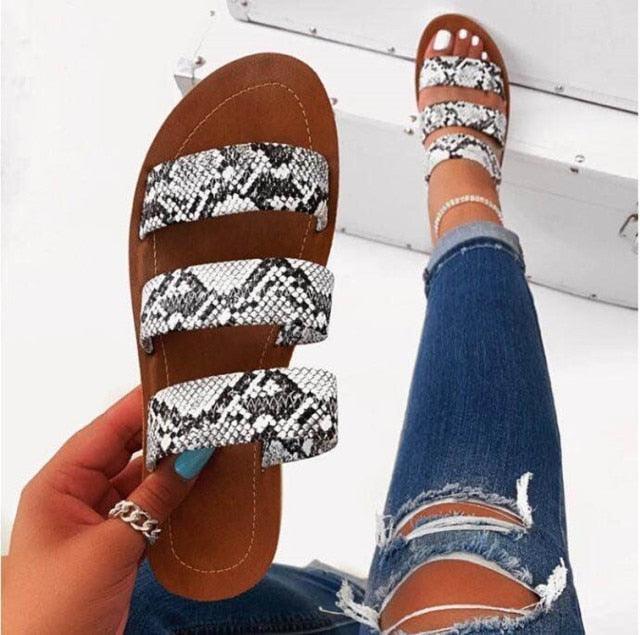 Women’s Snake Print Three-Strap Flat Slide Sandals
