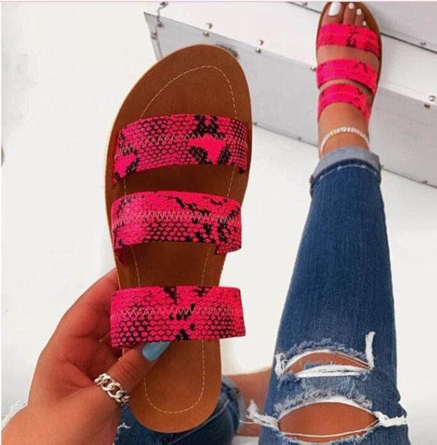 Women's trendy snake print three-strap slide sandals in various colors