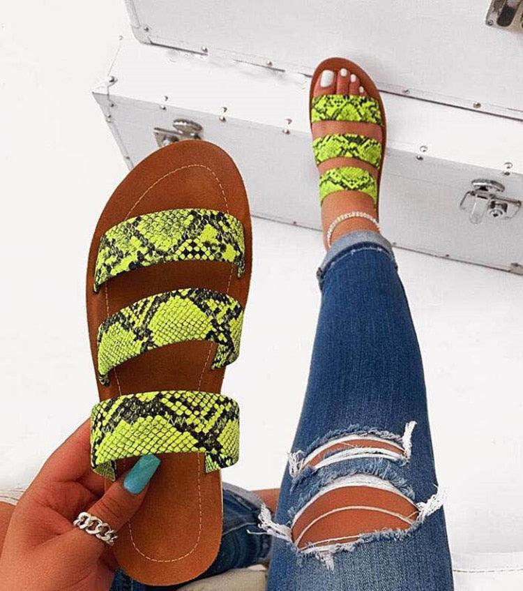 Women’s Snake Print Three-Strap Flat Slide Sandals