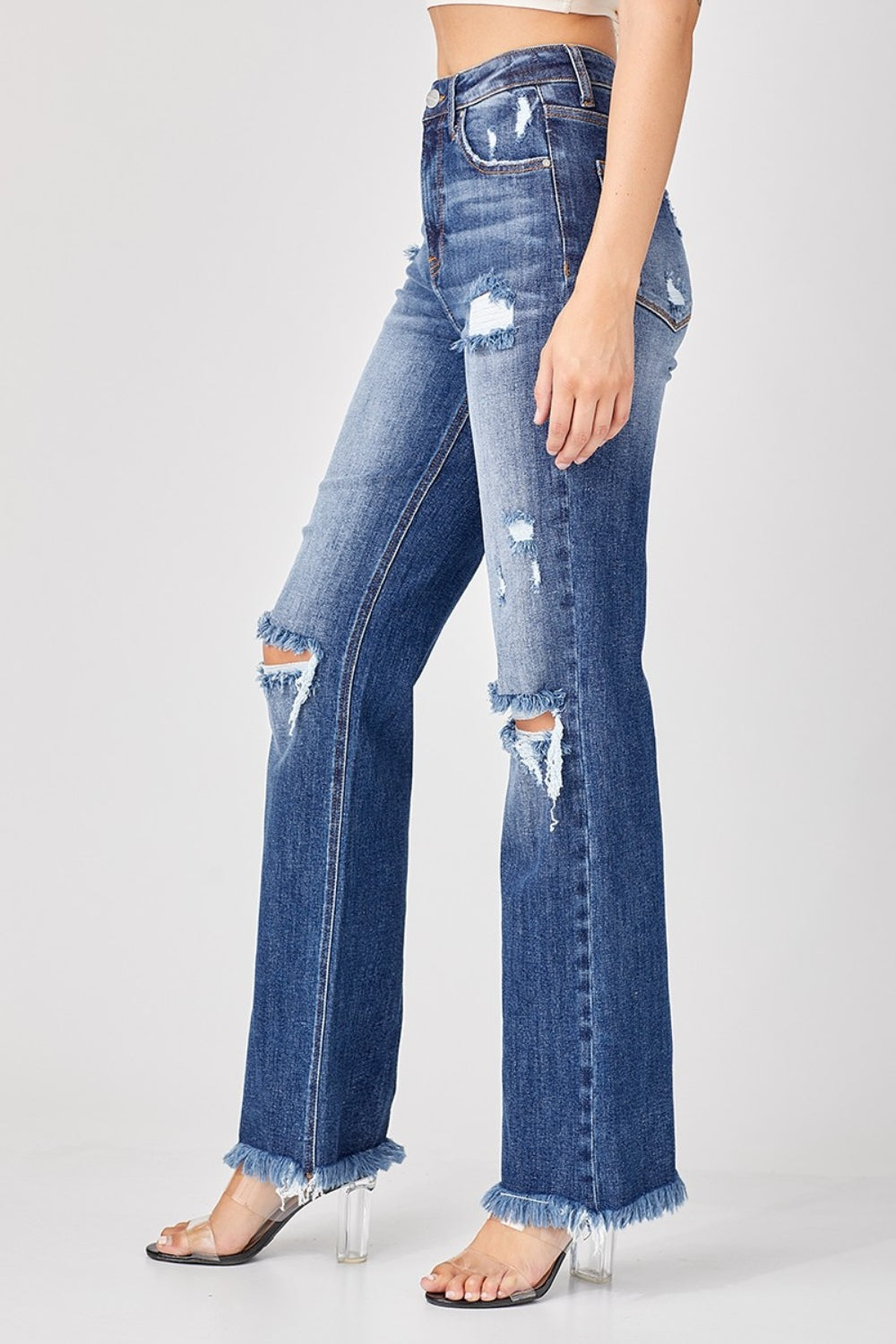 Risen Raw Hem Distressed Straight Jeans | High-Rise Denim