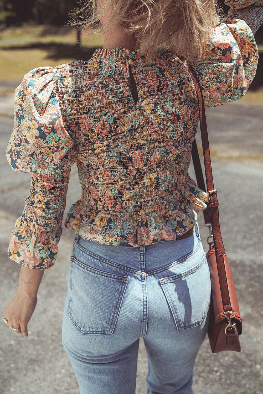 Yellow Floral Print Smocked Bubble Sleeve Crop Top
