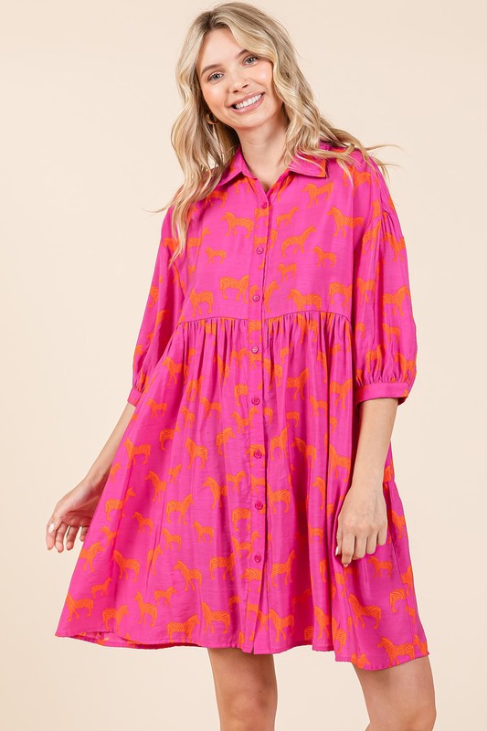 Zebra Print Button Down Mini Dress: Tiered Flutter Shirt Dress