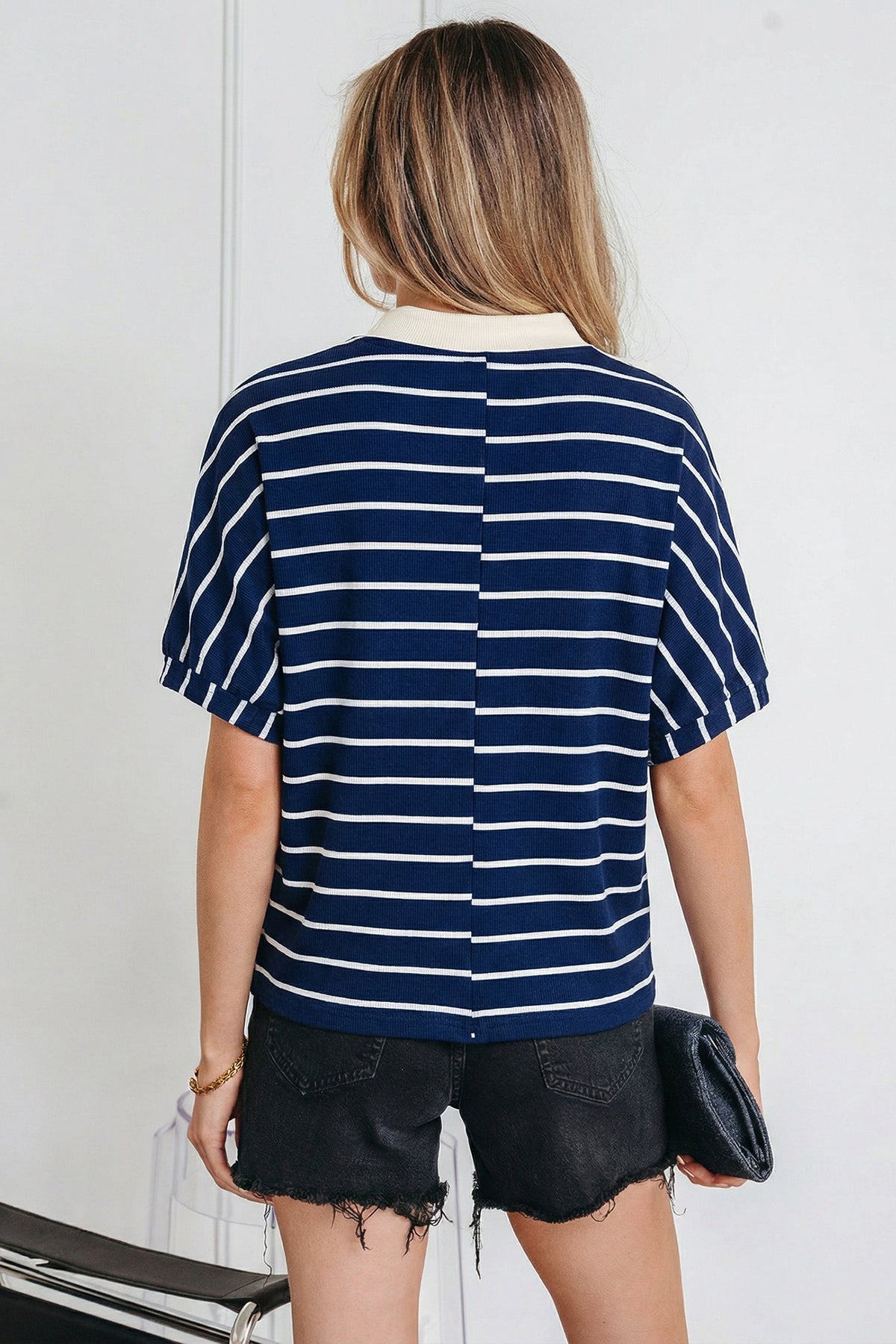 Stripe Stand Collar V-Neck Dolman Sleeve Top