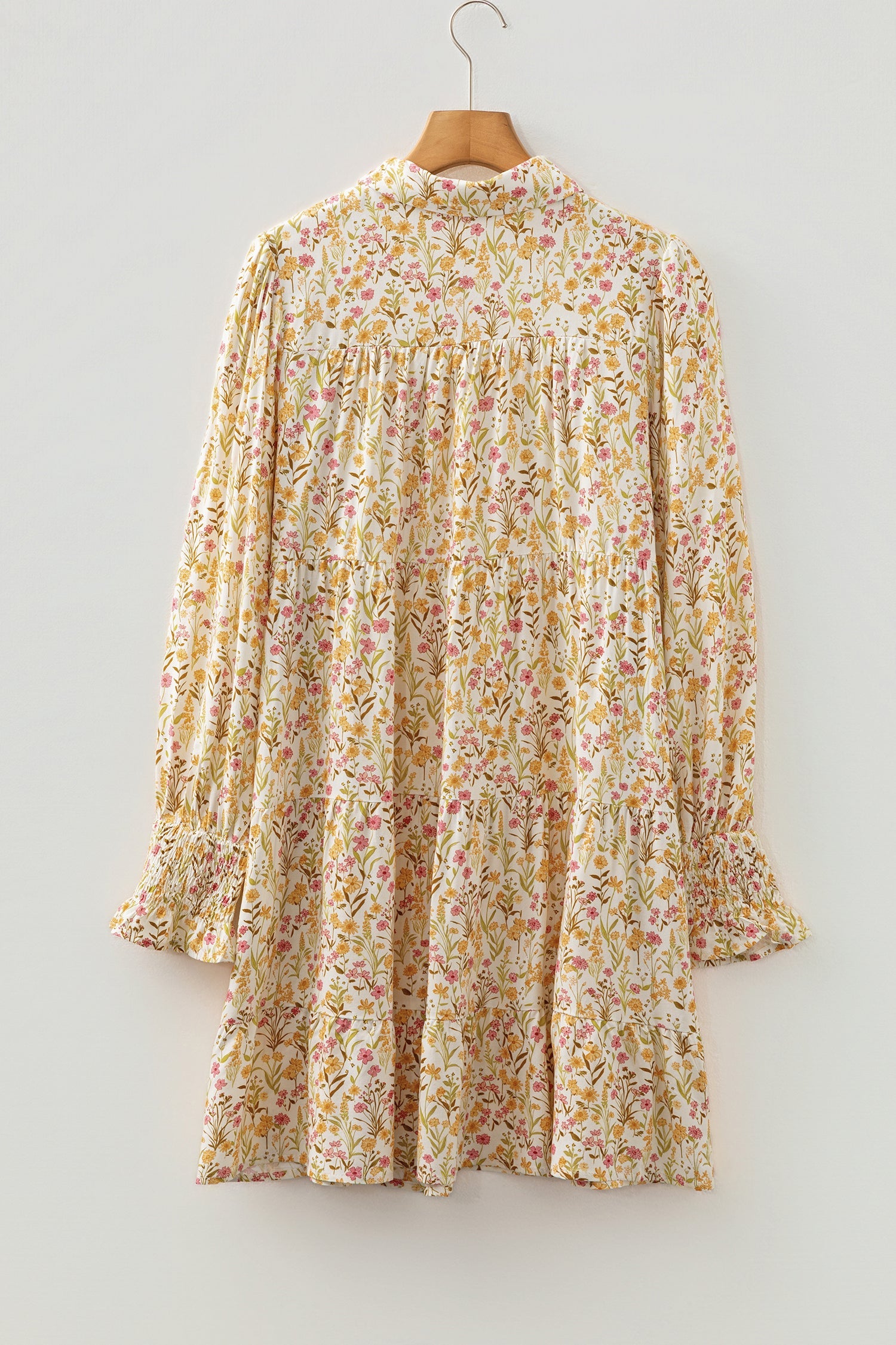 Yellow Floral Print Frilly Trim Smocked Cuff Long Sleeve Shirt Dress