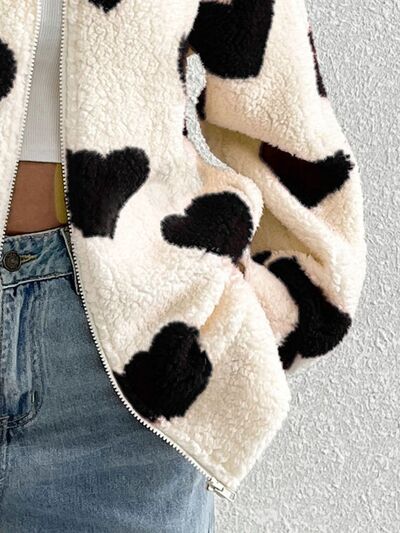Women's Heart Zip Up Faux Fur Jacket Y2K Streetwear Fluffy Coat