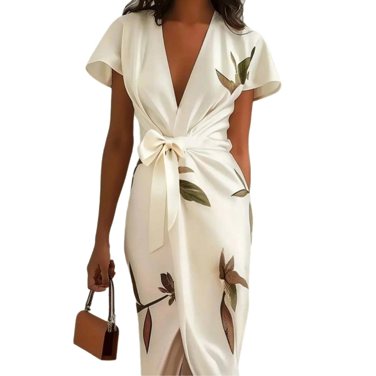 V-Neck Short-Sleeved Lace-Up Digital Printed Satin Fairy Dress
