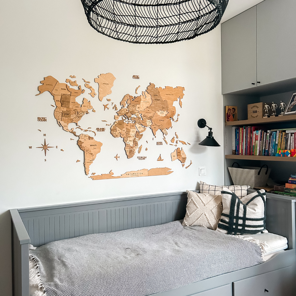 3D Wooden World Map Wall Art with Gold Accents for Home Decor