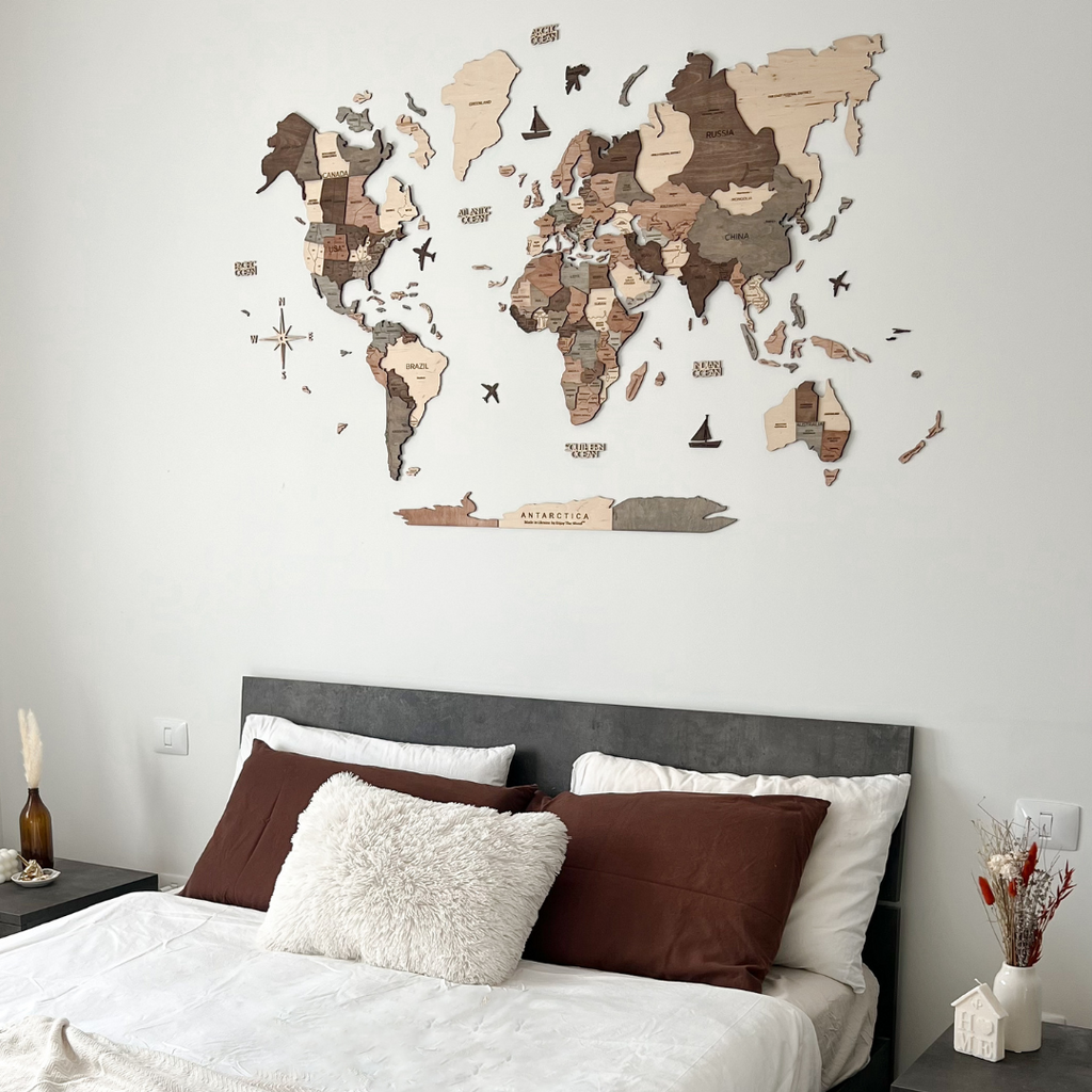 3D Wooden World Map Smokey Brown Minimalist Wall Art