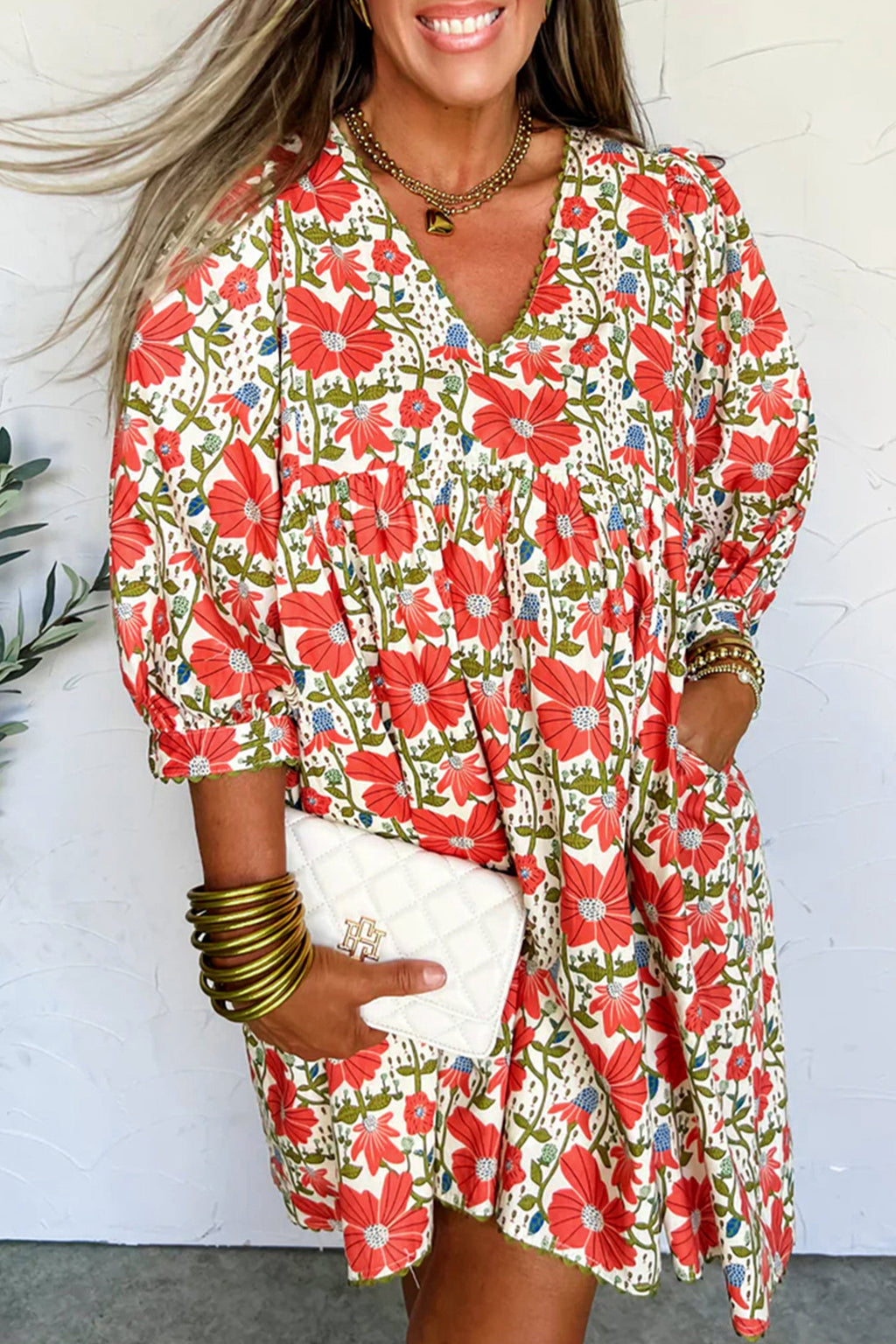 Red Floral Print Ricrac Trim V Neck 3/4 Sleeve Loose Mini Dress