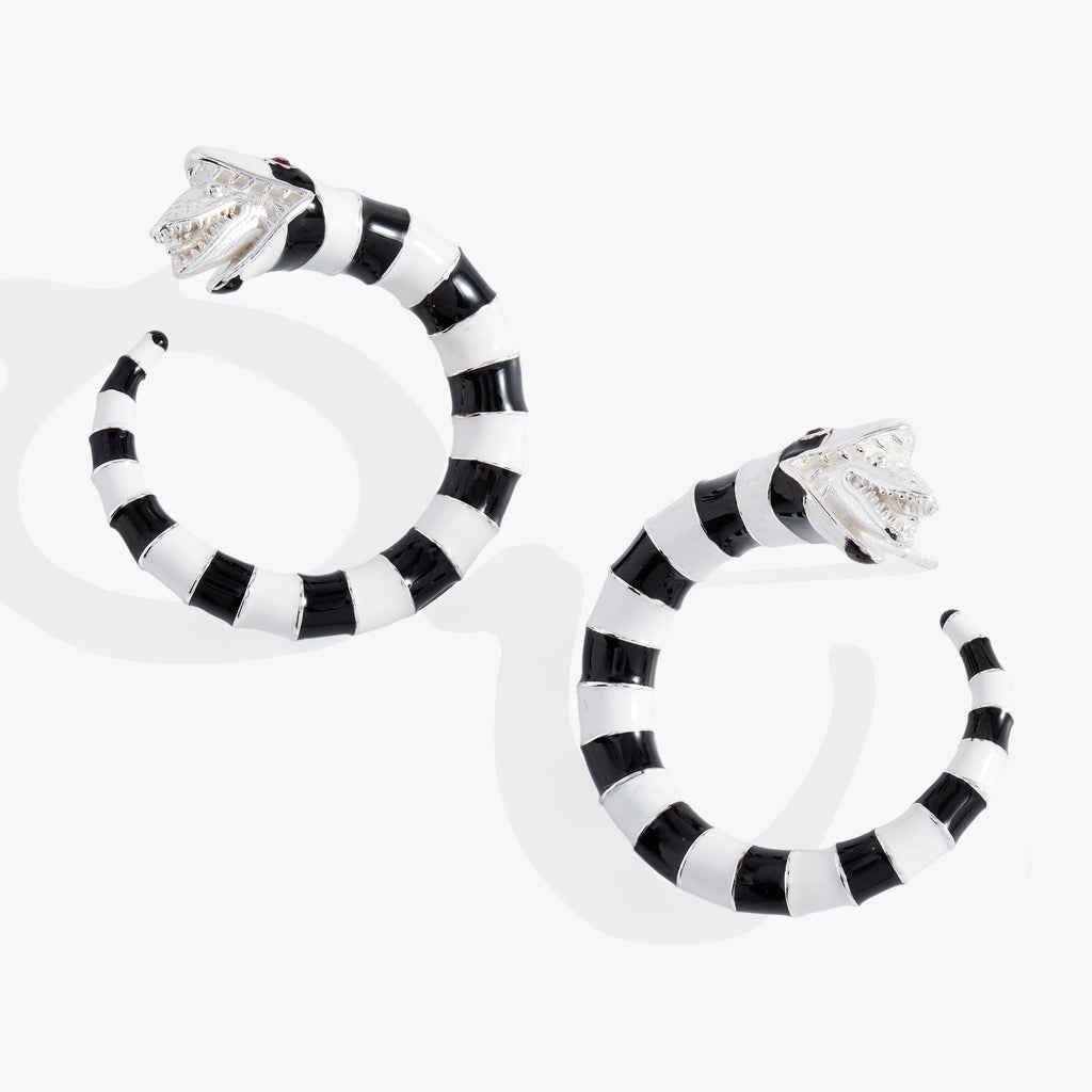 BEETLEJUICE Sandworm themed black and white striped hoop earrings