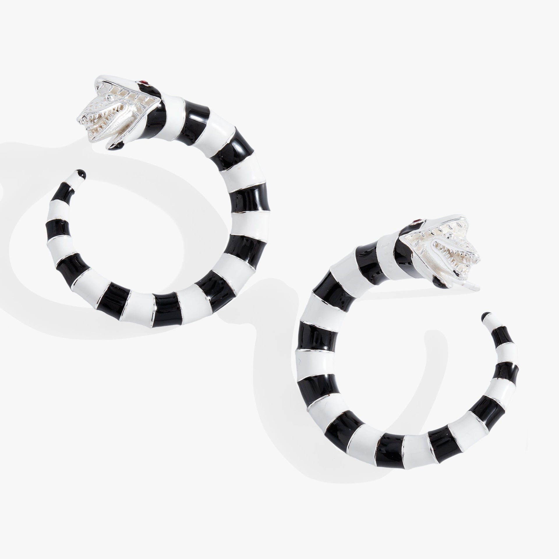 BEETLEJUICE Sandworm themed black and white striped hoop earrings