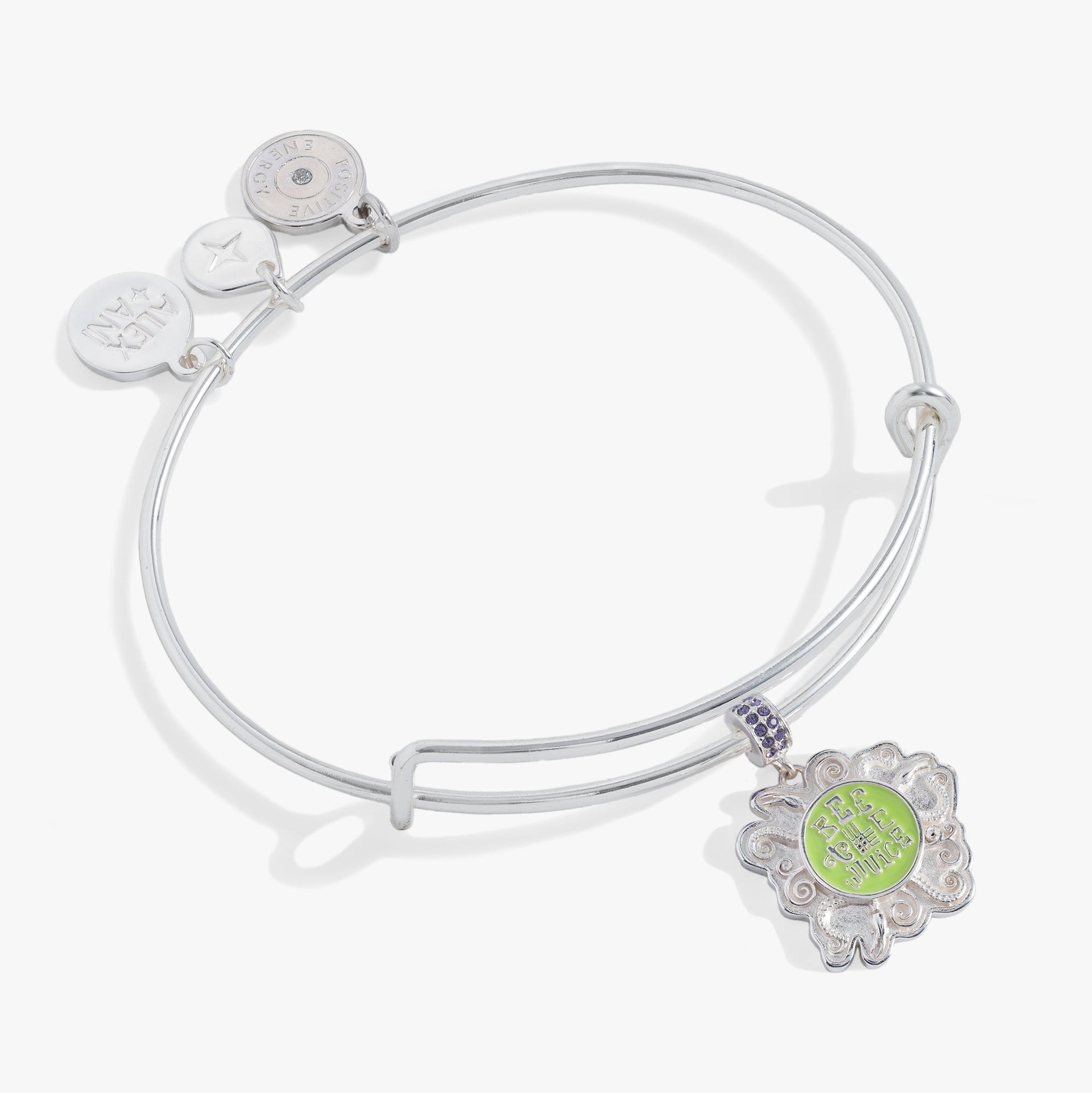BEETLEJUICE themed charm bangle in silver with green enamel detail and back engraving.